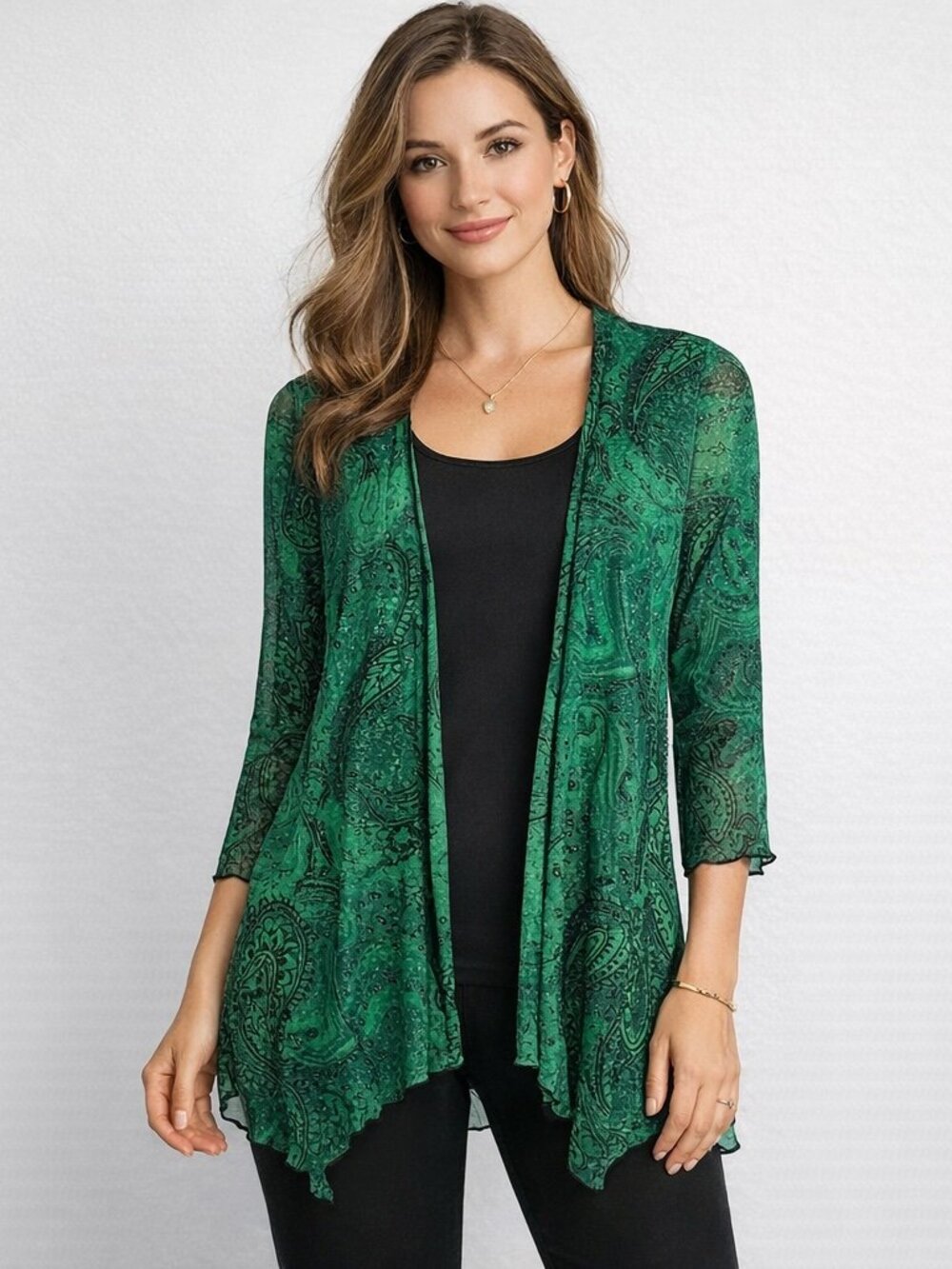 Sara Michelle Sheer Paisley Cardigan Top Green Open Front Stretch Sparkle M
